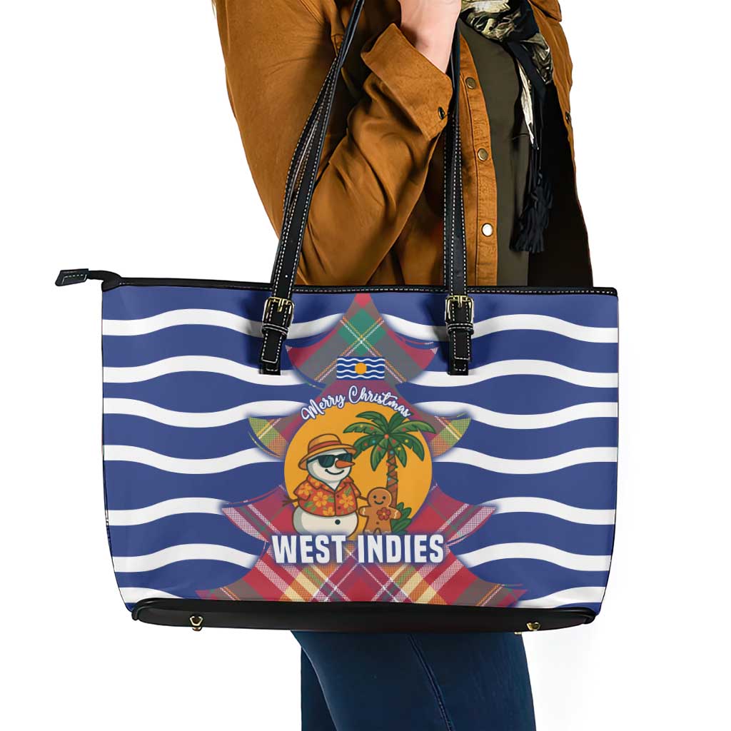 West Indies Christmas Leather Tote Bag with Tropical Snowman Palm Tree Gingerbread and Plaid Design - Wonder Print Shop