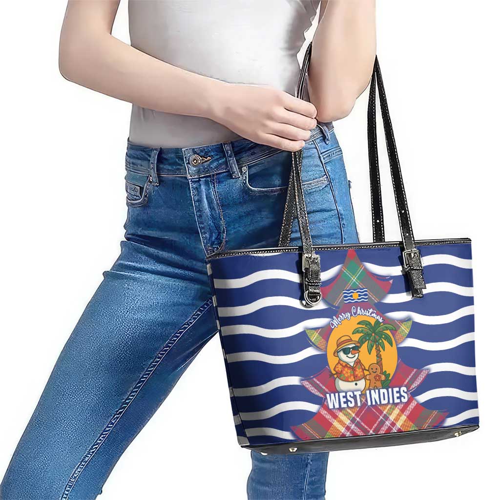 West Indies Christmas Leather Tote Bag with Tropical Snowman Palm Tree Gingerbread and Plaid Design - Wonder Print Shop