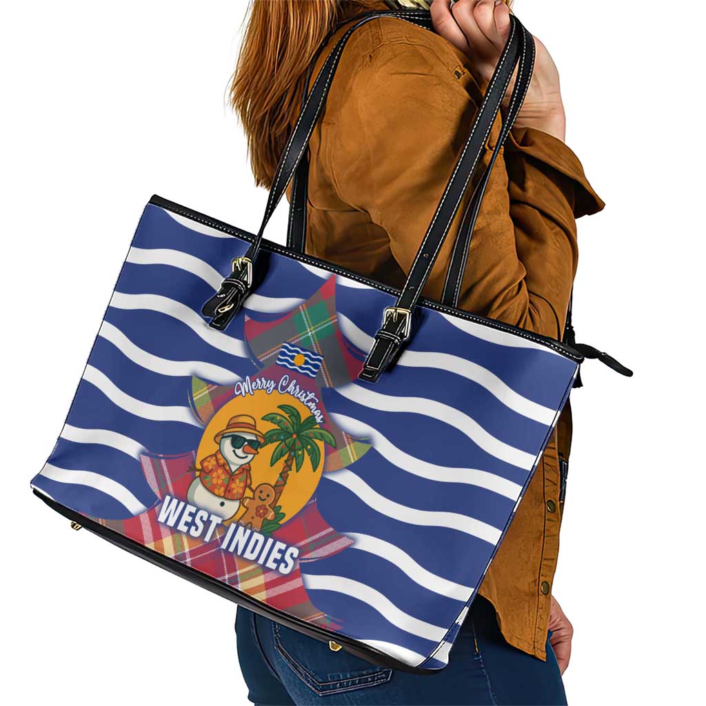 West Indies Christmas Leather Tote Bag with Tropical Snowman Palm Tree Gingerbread and Plaid Design - Wonder Print Shop