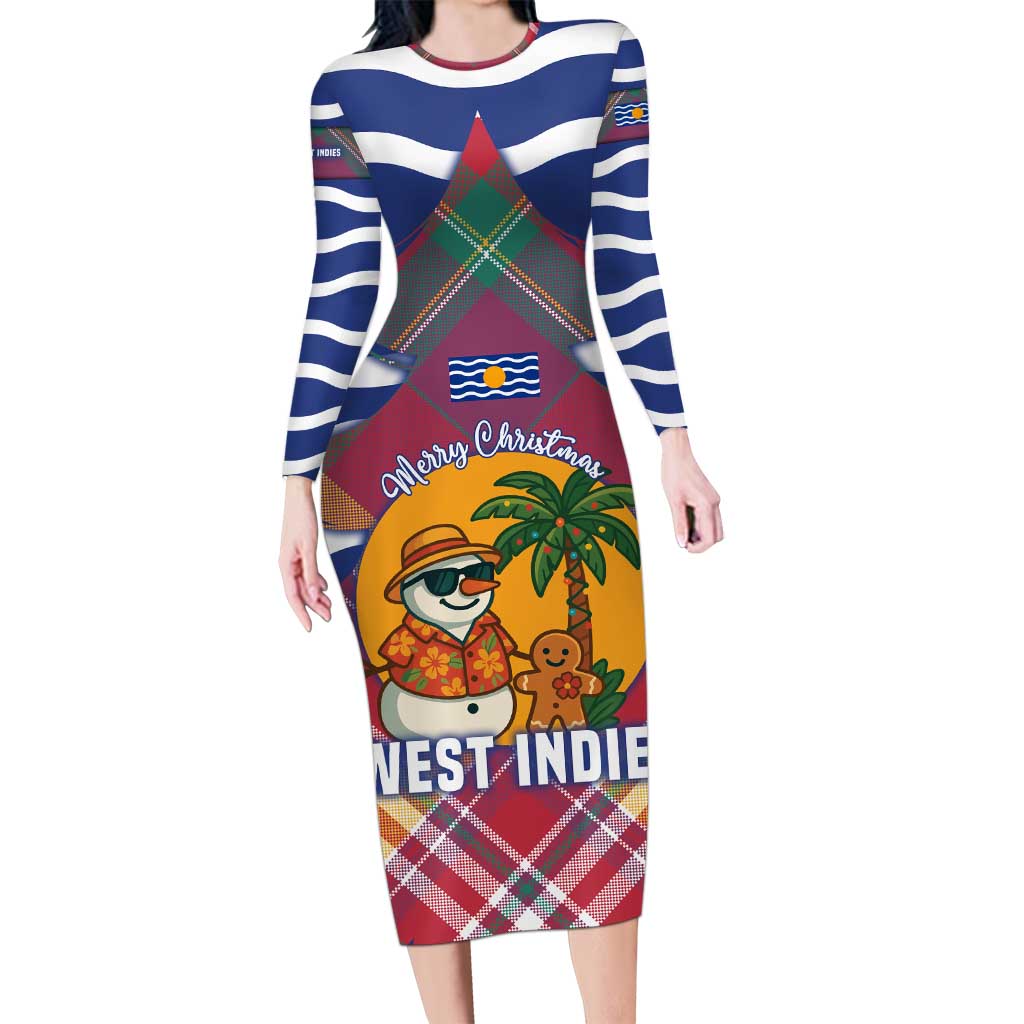 West Indies Christmas Long Sleeve Bodycon Dress with Tropical Snowman Palm Tree Gingerbread and Plaid Design - Wonder Print Shop