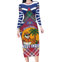 West Indies Christmas Long Sleeve Bodycon Dress with Tropical Snowman Palm Tree Gingerbread and Plaid Design - Wonder Print Shop