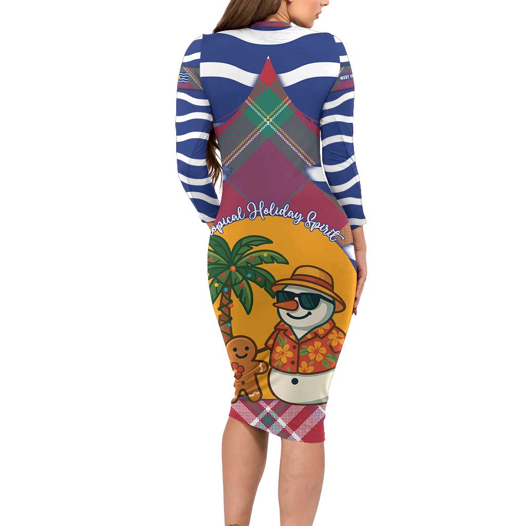 West Indies Christmas Long Sleeve Bodycon Dress with Tropical Snowman Palm Tree Gingerbread and Plaid Design - Wonder Print Shop