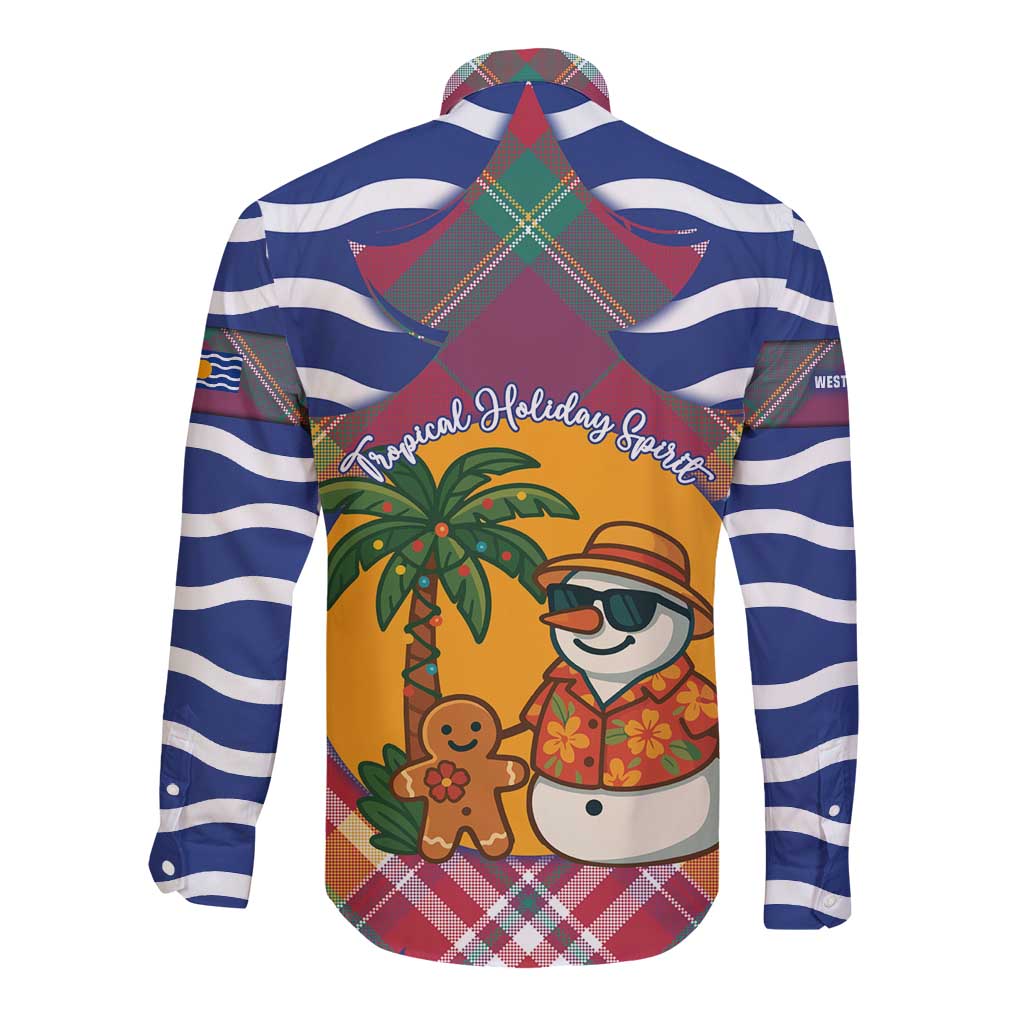 West Indies Christmas Long Sleeve Button Shirt with Tropical Snowman Palm Tree Gingerbread and Plaid Design - Wonder Print Shop