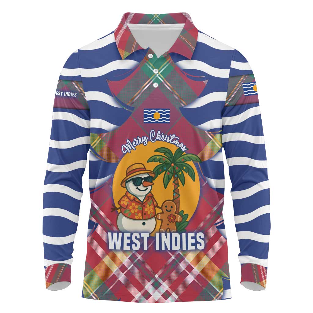 West Indies Christmas Long Sleeve Polo Shirt with Tropical Snowman Palm Tree Gingerbread and Plaid Design - Wonder Print Shop