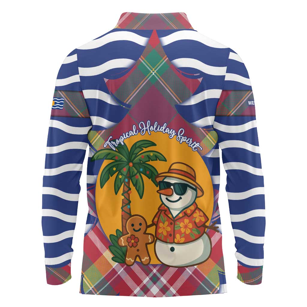 West Indies Christmas Long Sleeve Polo Shirt with Tropical Snowman Palm Tree Gingerbread and Plaid Design - Wonder Print Shop