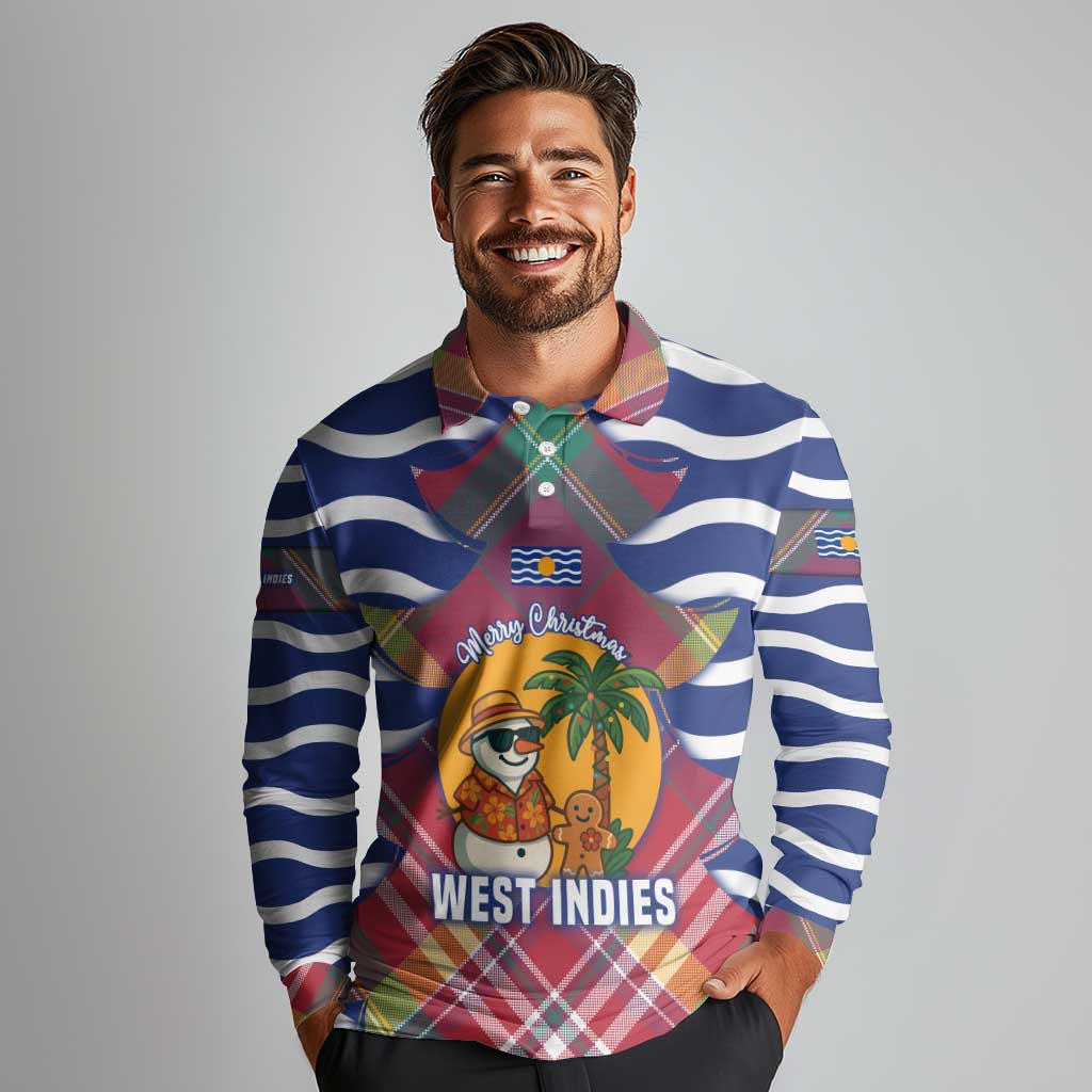 West Indies Christmas Long Sleeve Polo Shirt with Tropical Snowman Palm Tree Gingerbread and Plaid Design - Wonder Print Shop