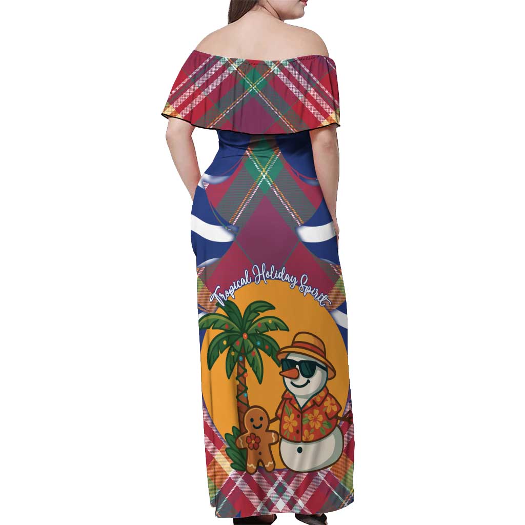 West Indies Christmas Off Shoulder Maxi Dress with Tropical Snowman Palm Tree Gingerbread and Plaid Design - Wonder Print Shop