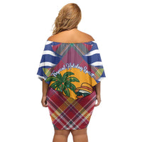 West Indies Christmas Off Shoulder Short Dress with Tropical Snowman Palm Tree Gingerbread and Plaid Design - Wonder Print Shop