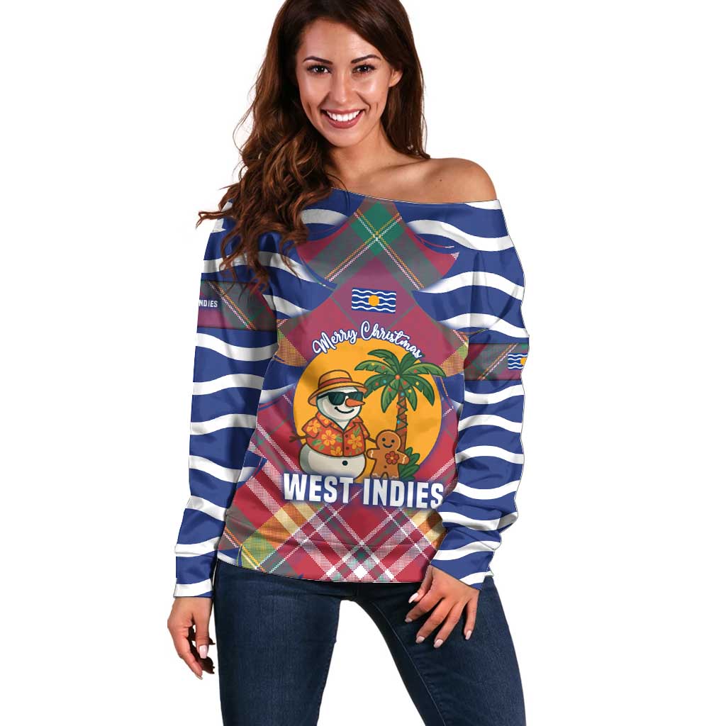 West Indies Christmas Off Shoulder Sweater with Tropical Snowman Palm Tree Gingerbread and Plaid Design - Wonder Print Shop