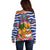 West Indies Christmas Off Shoulder Sweater with Tropical Snowman Palm Tree Gingerbread and Plaid Design - Wonder Print Shop