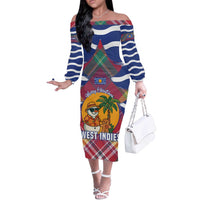 West Indies Christmas Off The Shoulder Long Sleeve Dress with Tropical Snowman Palm Tree Gingerbread and Plaid Design - Wonder Print Shop