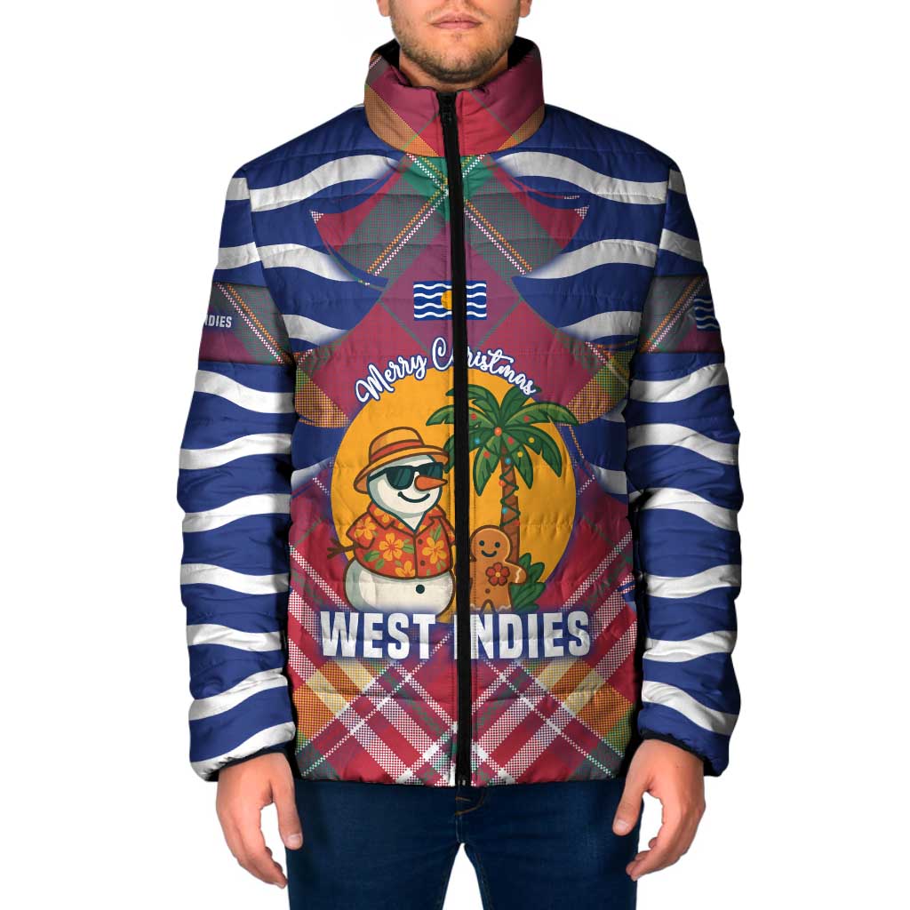 West Indies Christmas Padded Jacket with Tropical Snowman Palm Tree Gingerbread and Plaid Design - Wonder Print Shop