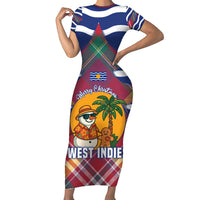 West Indies Christmas Short Sleeve Bodycon Dress with Tropical Snowman Palm Tree Gingerbread and Plaid Design - Wonder Print Shop
