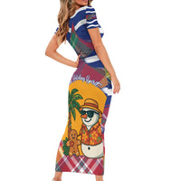 West Indies Christmas Short Sleeve Bodycon Dress with Tropical Snowman Palm Tree Gingerbread and Plaid Design - Wonder Print Shop
