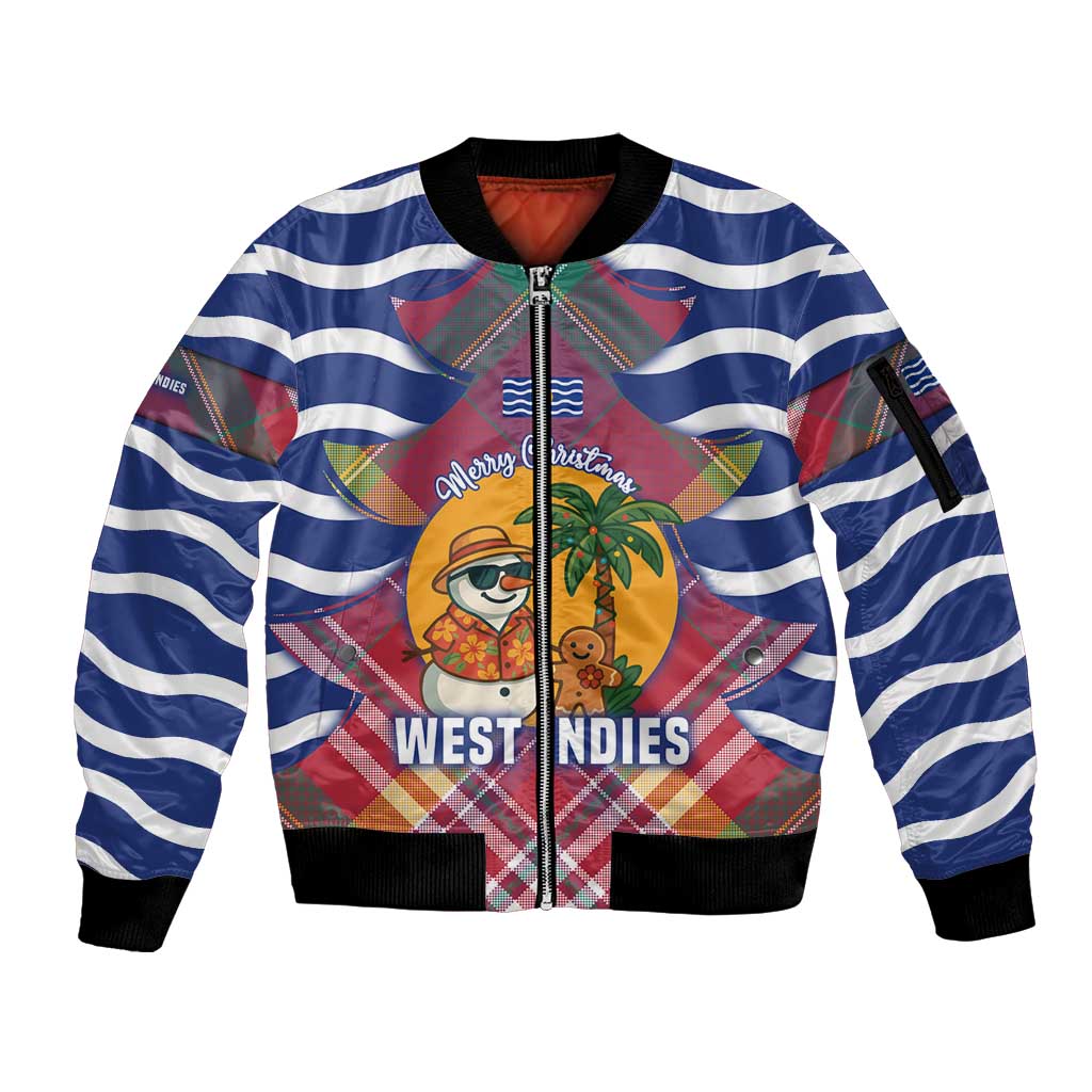 West Indies Christmas Sleeve Zip Bomber Jacket with Tropical Snowman Palm Tree Gingerbread and Plaid Design - Wonder Print Shop