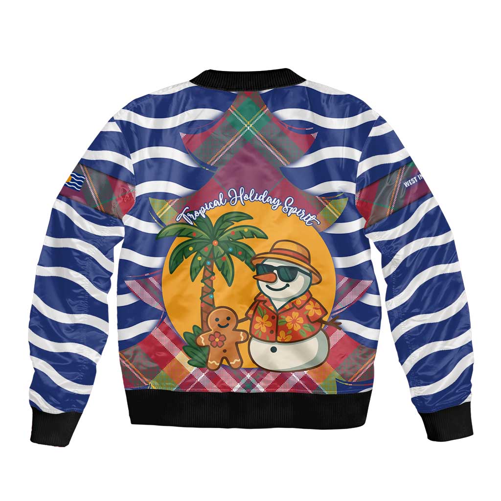 West Indies Christmas Sleeve Zip Bomber Jacket with Tropical Snowman Palm Tree Gingerbread and Plaid Design - Wonder Print Shop