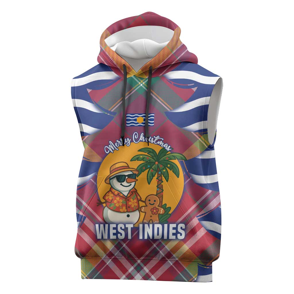 West Indies Christmas Sleeveless Hoodie with Tropical Snowman Palm Tree Gingerbread and Plaid Design - Wonder Print Shop