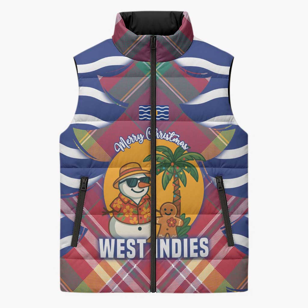 West Indies Christmas Sleeveless Puffer Jacket with Tropical Snowman Palm Tree Gingerbread and Plaid Design - Wonder Print Shop