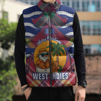 West Indies Christmas Sleeveless Puffer Jacket with Tropical Snowman Palm Tree Gingerbread and Plaid Design - Wonder Print Shop