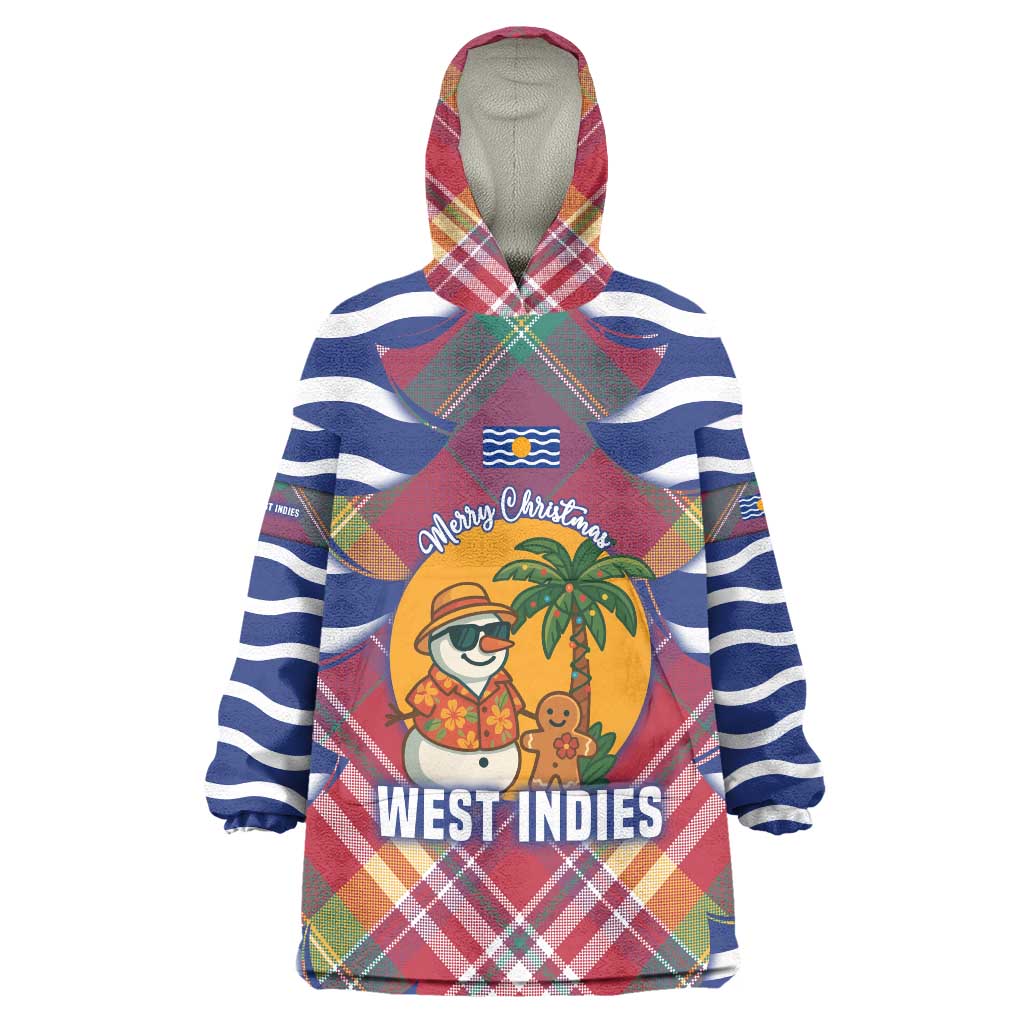 West Indies Christmas Wearable Blanket Hoodie with Tropical Snowman Palm Tree Gingerbread and Plaid Design - Wonder Print Shop