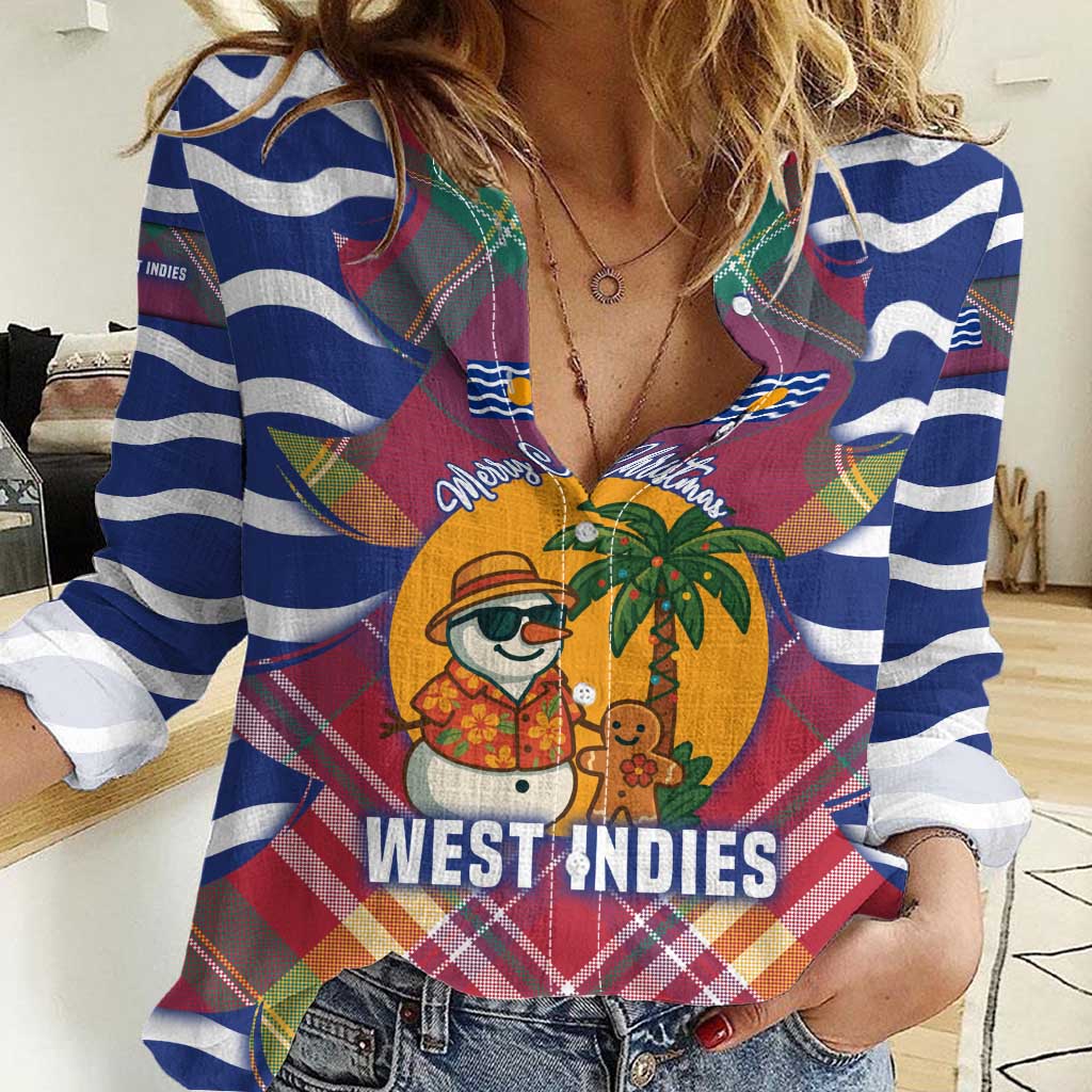 West Indies Christmas Women Casual Shirt with Tropical Snowman Palm Tree Gingerbread and Plaid Design - Wonder Print Shop