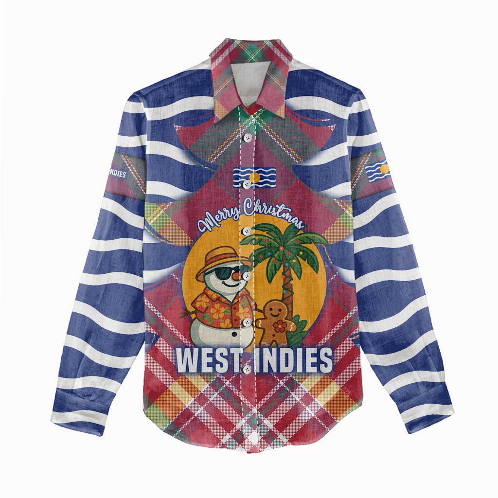 West Indies Christmas Women Casual Shirt with Tropical Snowman Palm Tree Gingerbread and Plaid Design - Wonder Print Shop