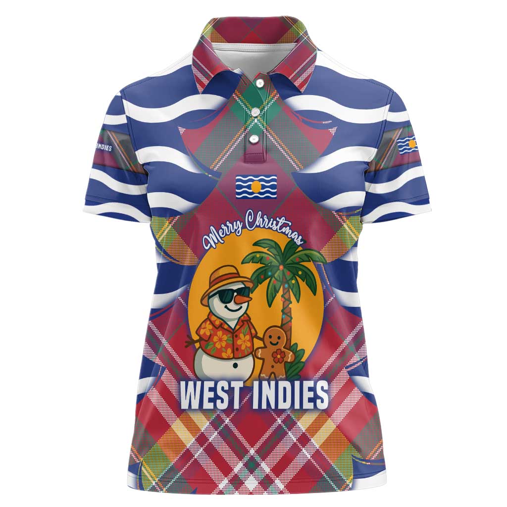 West Indies Christmas Women Polo Shirt with Tropical Snowman Palm Tree Gingerbread and Plaid Design - Wonder Print Shop