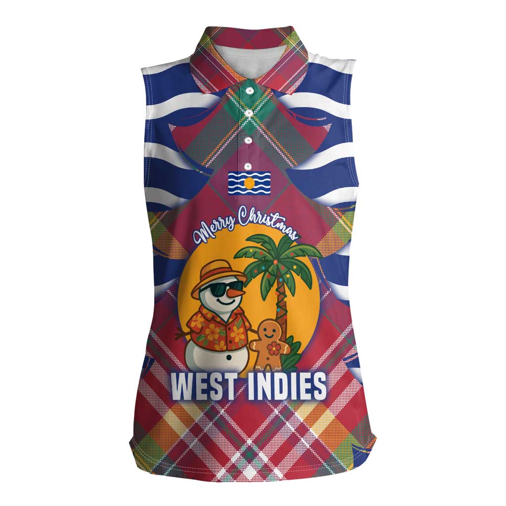 West Indies Christmas Women Sleeveless Polo Shirt with Tropical Snowman Palm Tree Gingerbread and Plaid Design - Wonder Print Shop