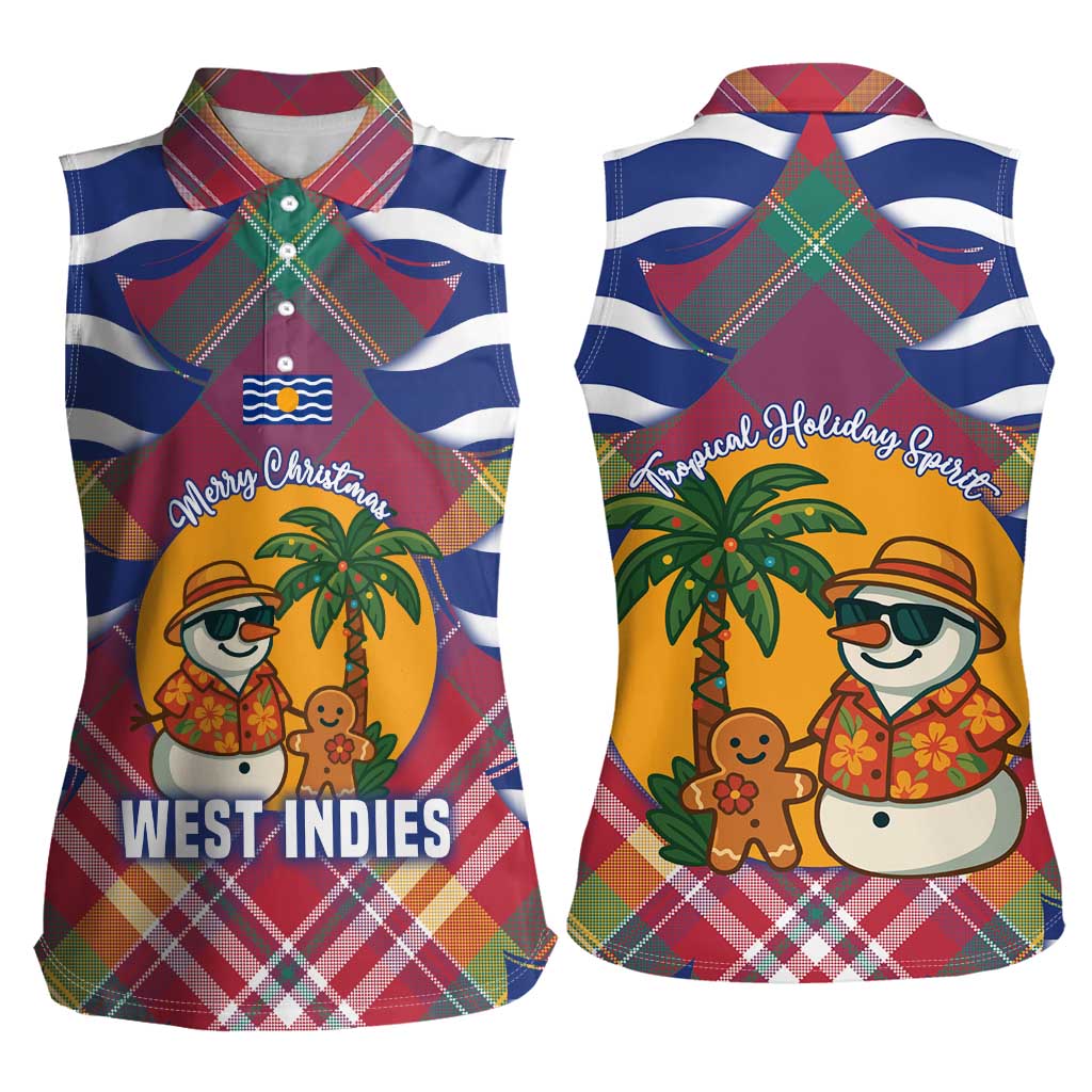 West Indies Christmas Women Sleeveless Polo Shirt with Tropical Snowman Palm Tree Gingerbread and Plaid Design - Wonder Print Shop