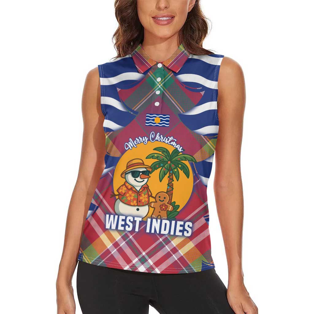 West Indies Christmas Women Sleeveless Polo Shirt with Tropical Snowman Palm Tree Gingerbread and Plaid Design - Wonder Print Shop
