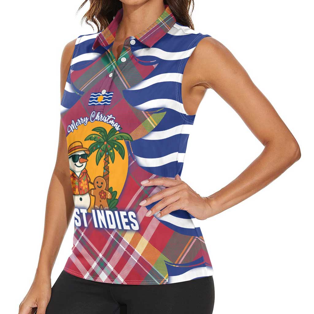 West Indies Christmas Women Sleeveless Polo Shirt with Tropical Snowman Palm Tree Gingerbread and Plaid Design - Wonder Print Shop