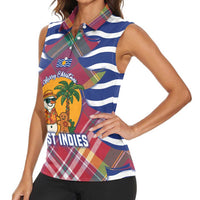West Indies Christmas Women Sleeveless Polo Shirt with Tropical Snowman Palm Tree Gingerbread and Plaid Design - Wonder Print Shop