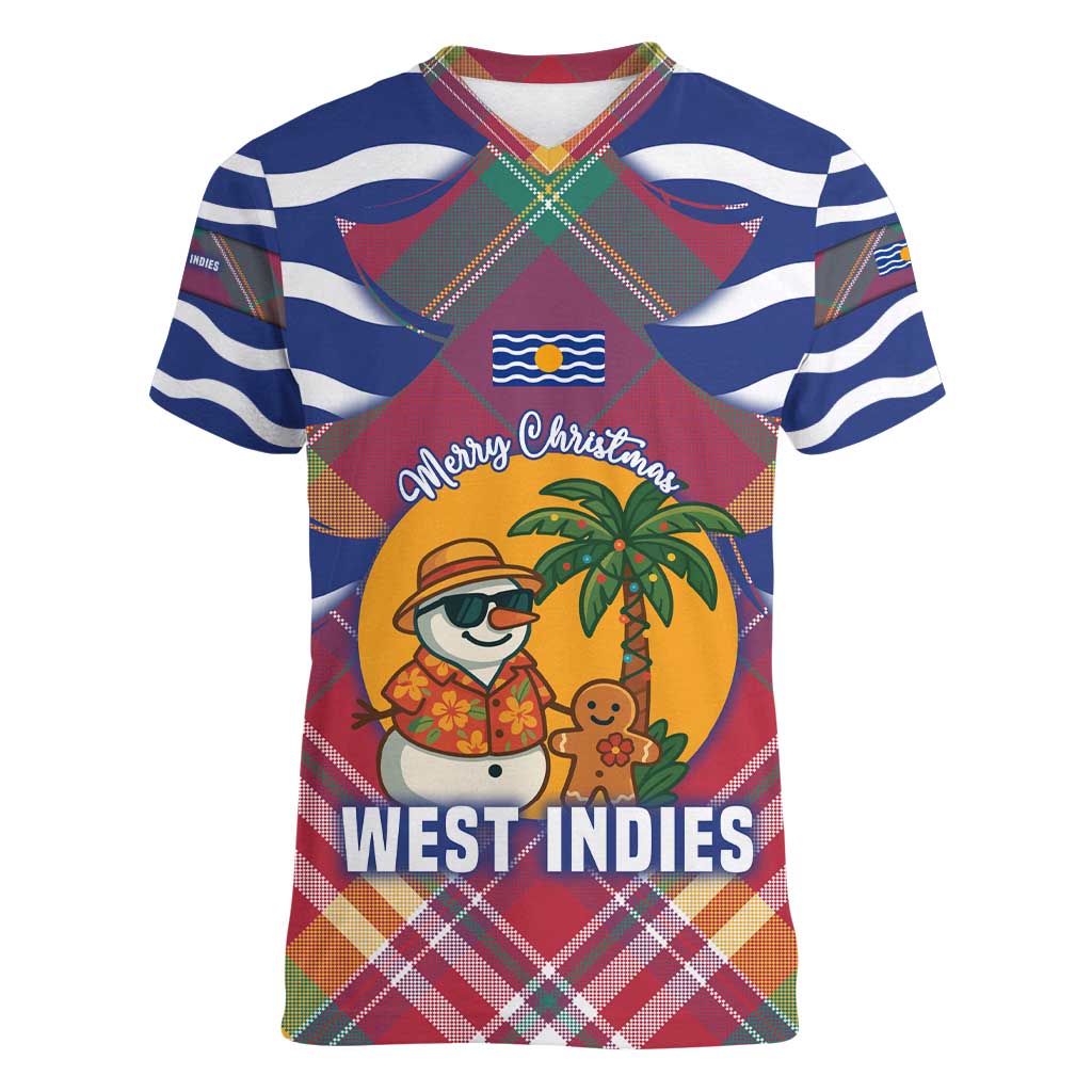 West Indies Christmas Women V-Neck T-Shirt with Tropical Snowman Palm Tree Gingerbread and Plaid Design - Wonder Print Shop
