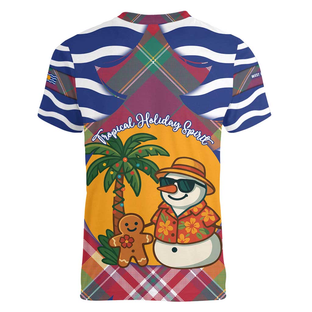 West Indies Christmas Women V-Neck T-Shirt with Tropical Snowman Palm Tree Gingerbread and Plaid Design - Wonder Print Shop