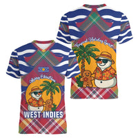 West Indies Christmas Women V-Neck T-Shirt with Tropical Snowman Palm Tree Gingerbread and Plaid Design - Wonder Print Shop