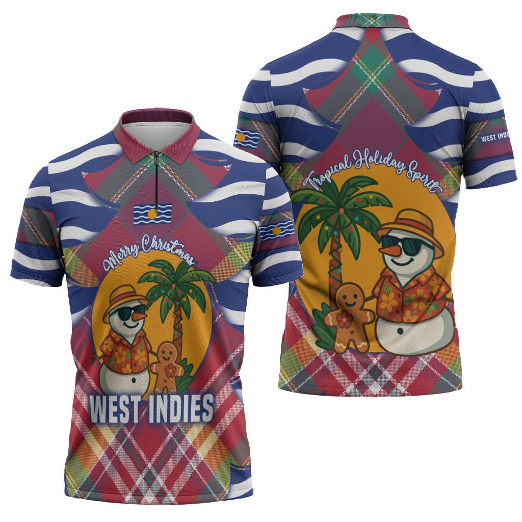 West Indies Christmas Zipper Polo Shirt with Tropical Snowman Palm Tree Gingerbread and Plaid Design - Wonder Print Shop