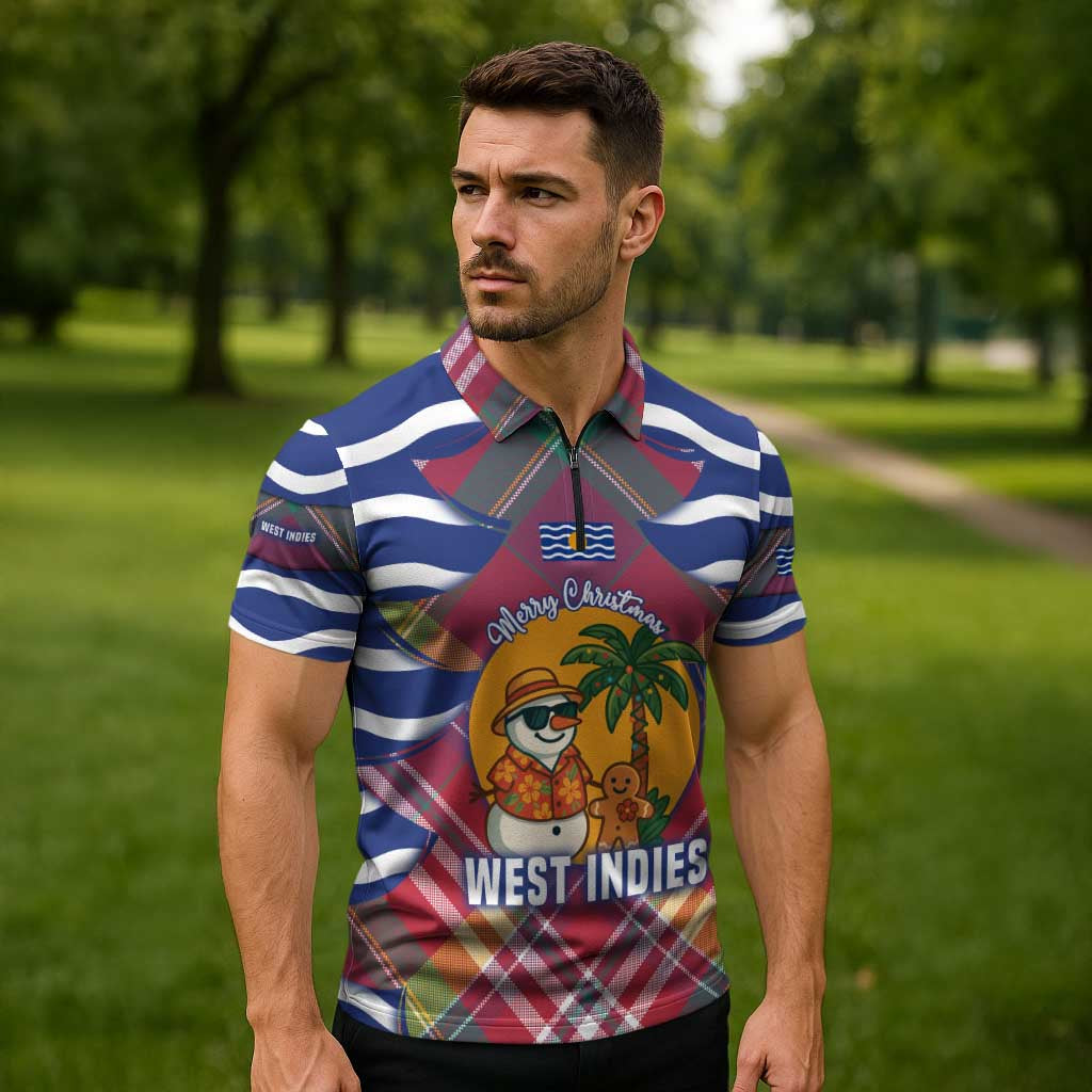 West Indies Christmas Zipper Polo Shirt with Tropical Snowman Palm Tree Gingerbread and Plaid Design - Wonder Print Shop