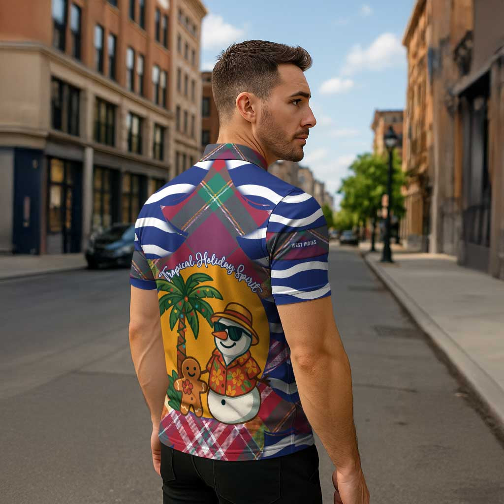 West Indies Christmas Zipper Polo Shirt with Tropical Snowman Palm Tree Gingerbread and Plaid Design - Wonder Print Shop