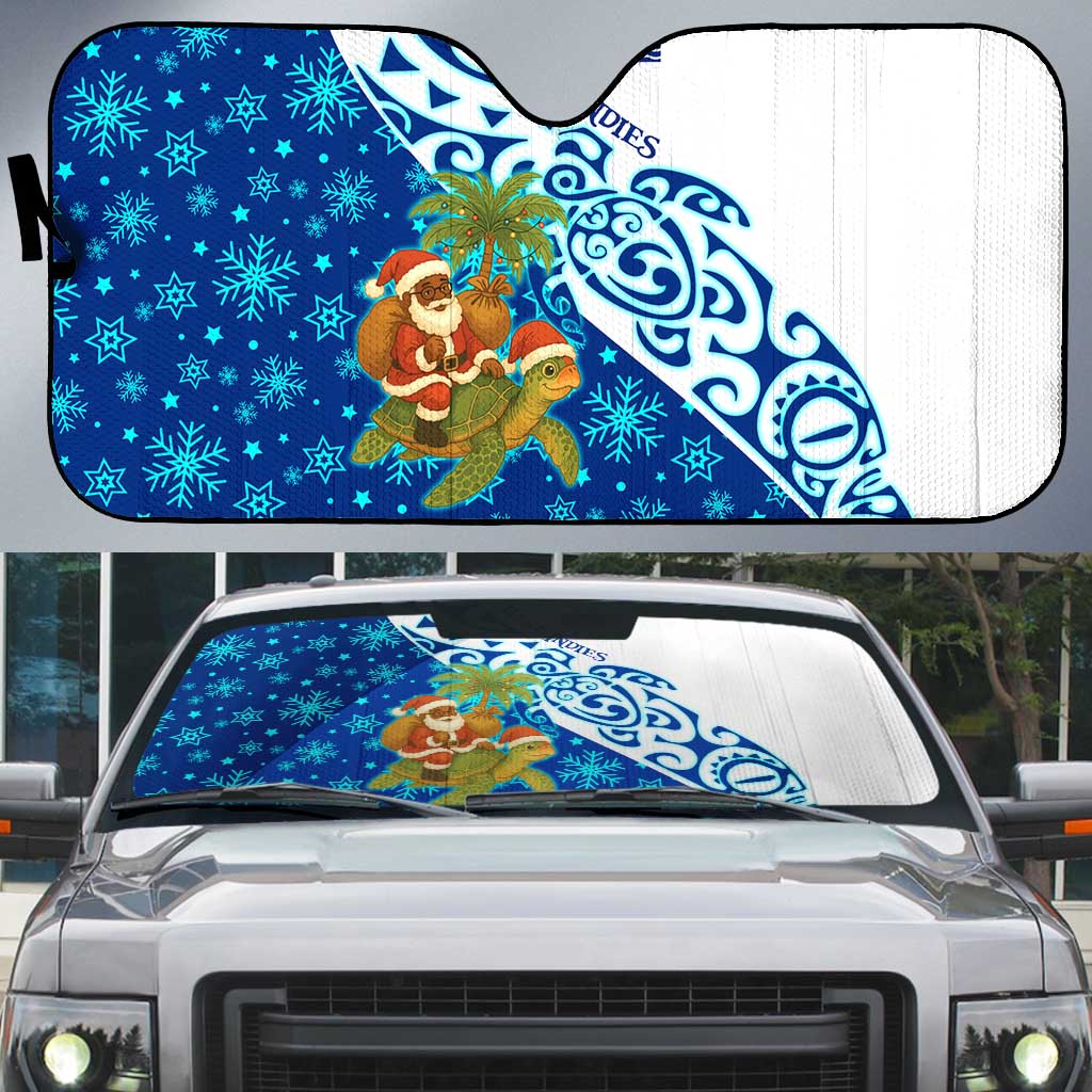 West Indies Christmas Auto Sun Shade with Santa Riding Turtle Palm Tree and Tribal Snowflake Design - Wonder Print Shop