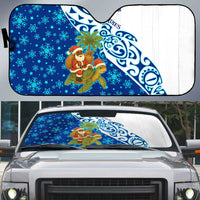 West Indies Christmas Auto Sun Shade with Santa Riding Turtle Palm Tree and Tribal Snowflake Design - Wonder Print Shop