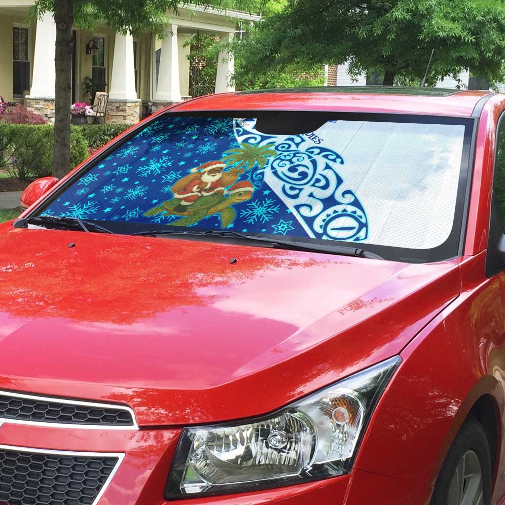 West Indies Christmas Auto Sun Shade with Santa Riding Turtle Palm Tree and Tribal Snowflake Design - Wonder Print Shop