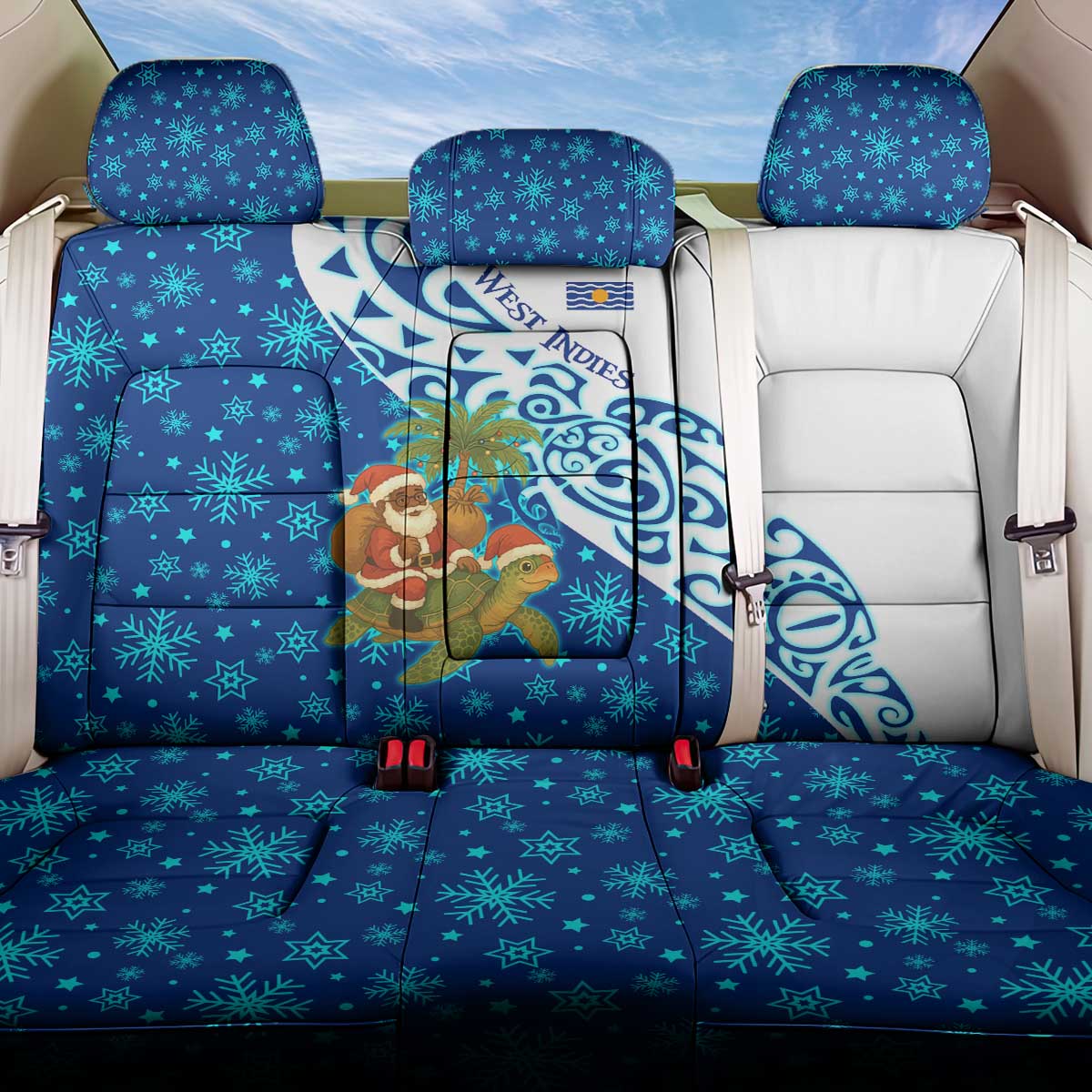 West Indies Christmas Back Car Seat Cover with Santa Riding Turtle Palm Tree and Tribal Snowflake Design - Wonder Print Shop