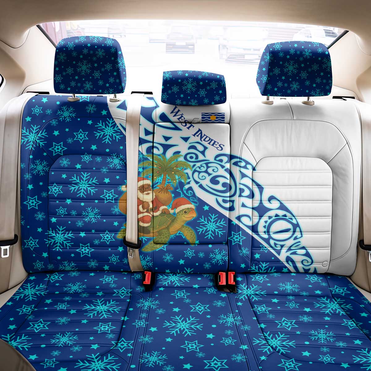 West Indies Christmas Back Car Seat Cover with Santa Riding Turtle Palm Tree and Tribal Snowflake Design - Wonder Print Shop