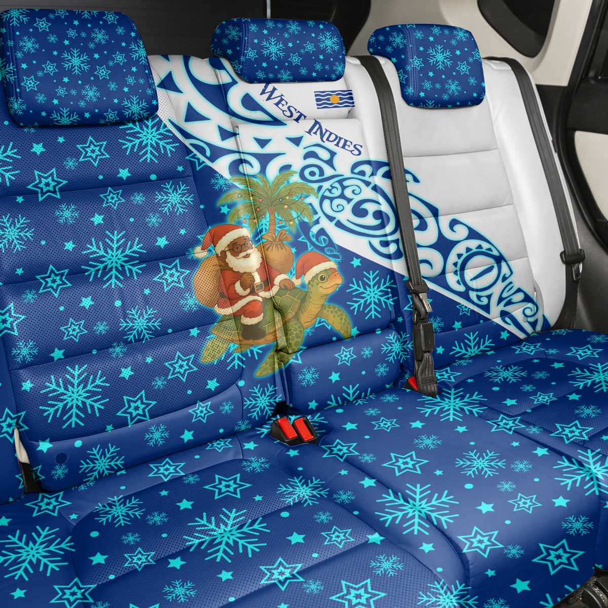 West Indies Christmas Back Car Seat Cover with Santa Riding Turtle Palm Tree and Tribal Snowflake Design - Wonder Print Shop
