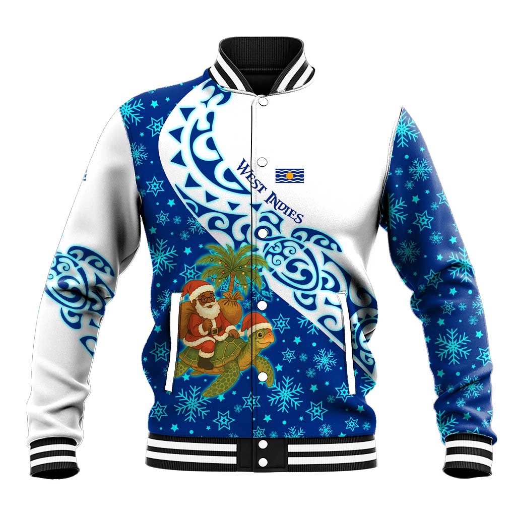 West Indies Christmas Baseball Jacket with Santa Riding Turtle Palm Tree and Tribal Snowflake Design - Wonder Print Shop