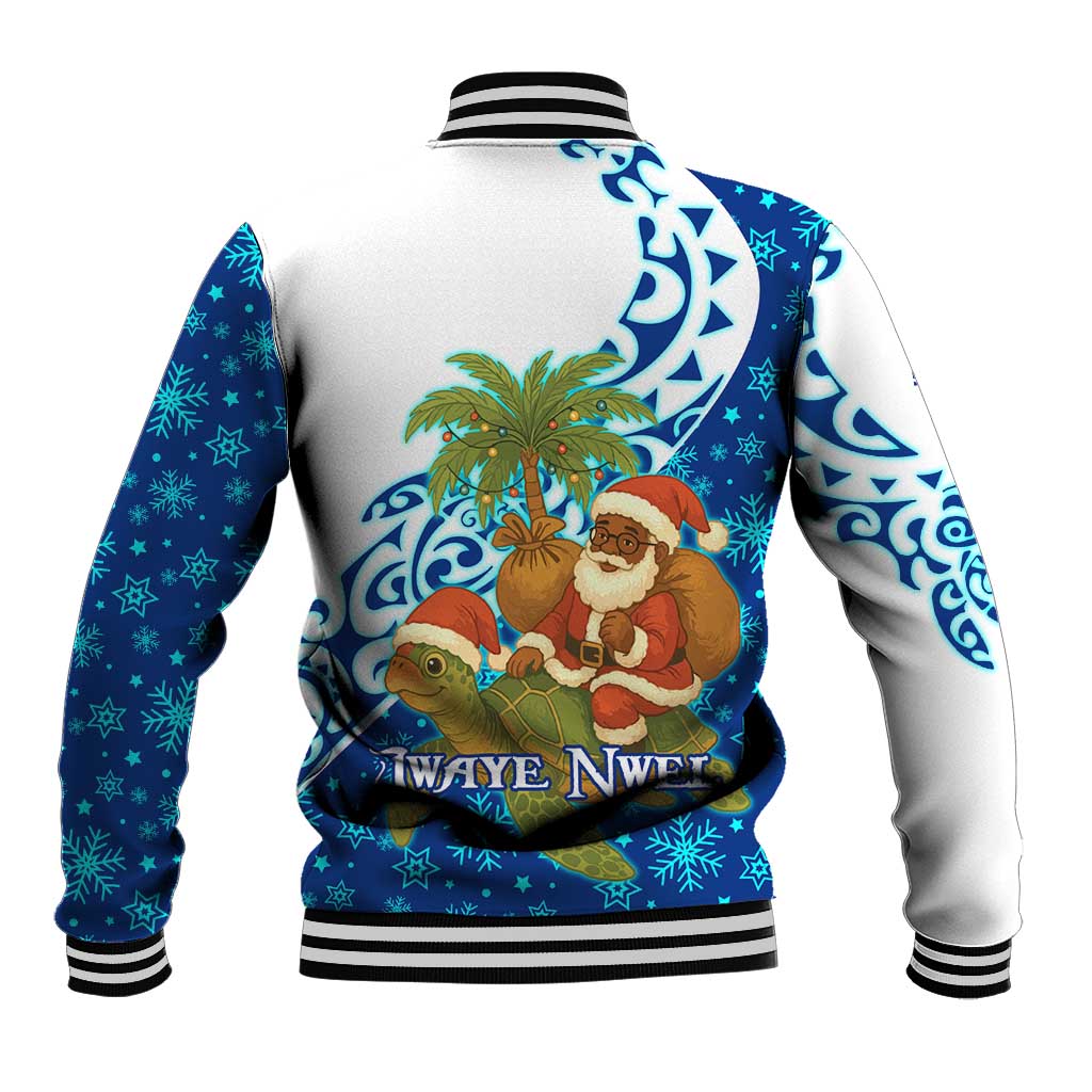 West Indies Christmas Baseball Jacket with Santa Riding Turtle Palm Tree and Tribal Snowflake Design - Wonder Print Shop
