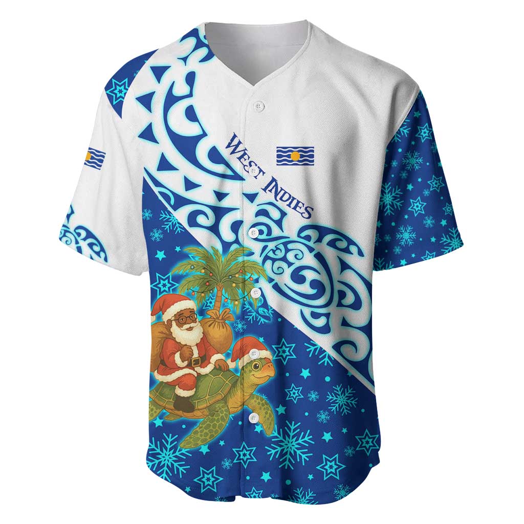 West Indies Christmas Baseball Jersey with Santa Riding Turtle Palm Tree and Tribal Snowflake Design - Wonder Print Shop
