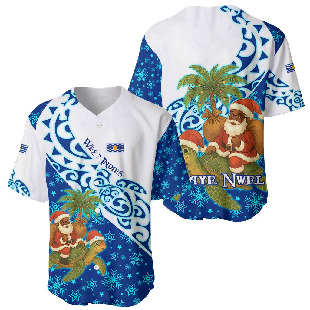 West Indies Christmas Baseball Jersey with Santa Riding Turtle Palm Tree and Tribal Snowflake Design - Wonder Print Shop