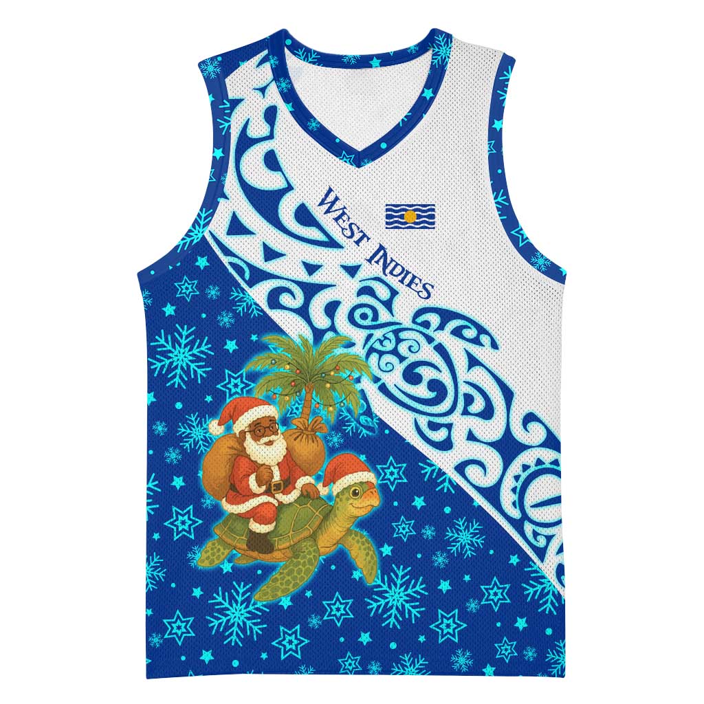 West Indies Christmas Basketball Jersey with Santa Riding Turtle Palm Tree and Tribal Snowflake Design - Wonder Print Shop