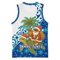 West Indies Christmas Basketball Jersey with Santa Riding Turtle Palm Tree and Tribal Snowflake Design - Wonder Print Shop